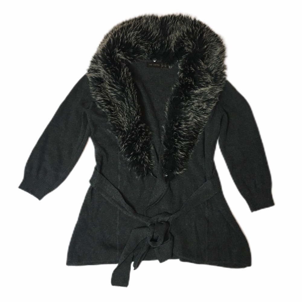 The Limited Faux Fur Collar Wrap Tie Open Cardigan
